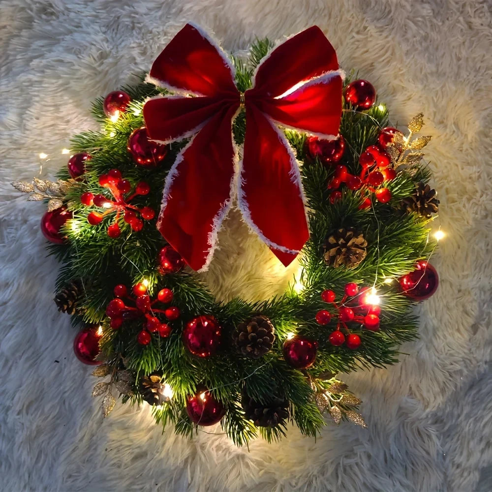 Christmas Wreath with Red Velvet Bow Artificial Pine Ornaments and Fairy Lights - Image 3
