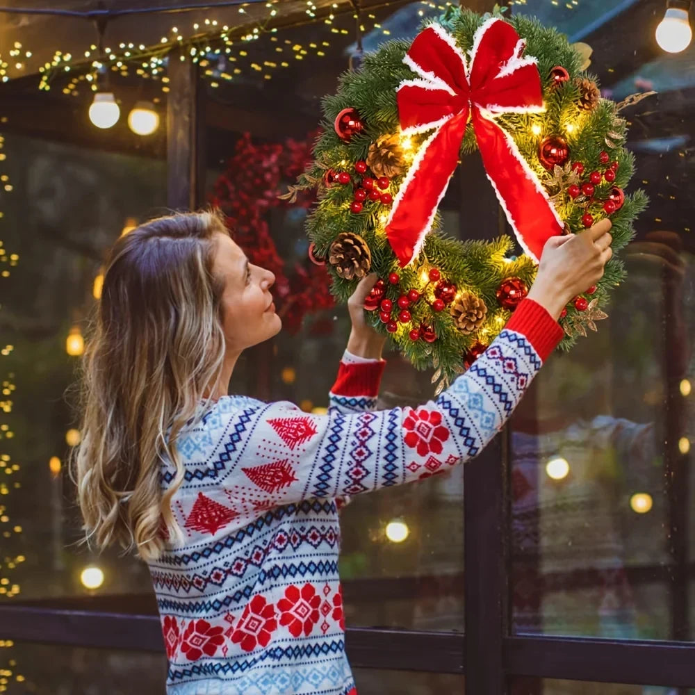 Christmas Wreath with Red Velvet Bow Artificial Pine Ornaments and Fairy Lights - Image 4
