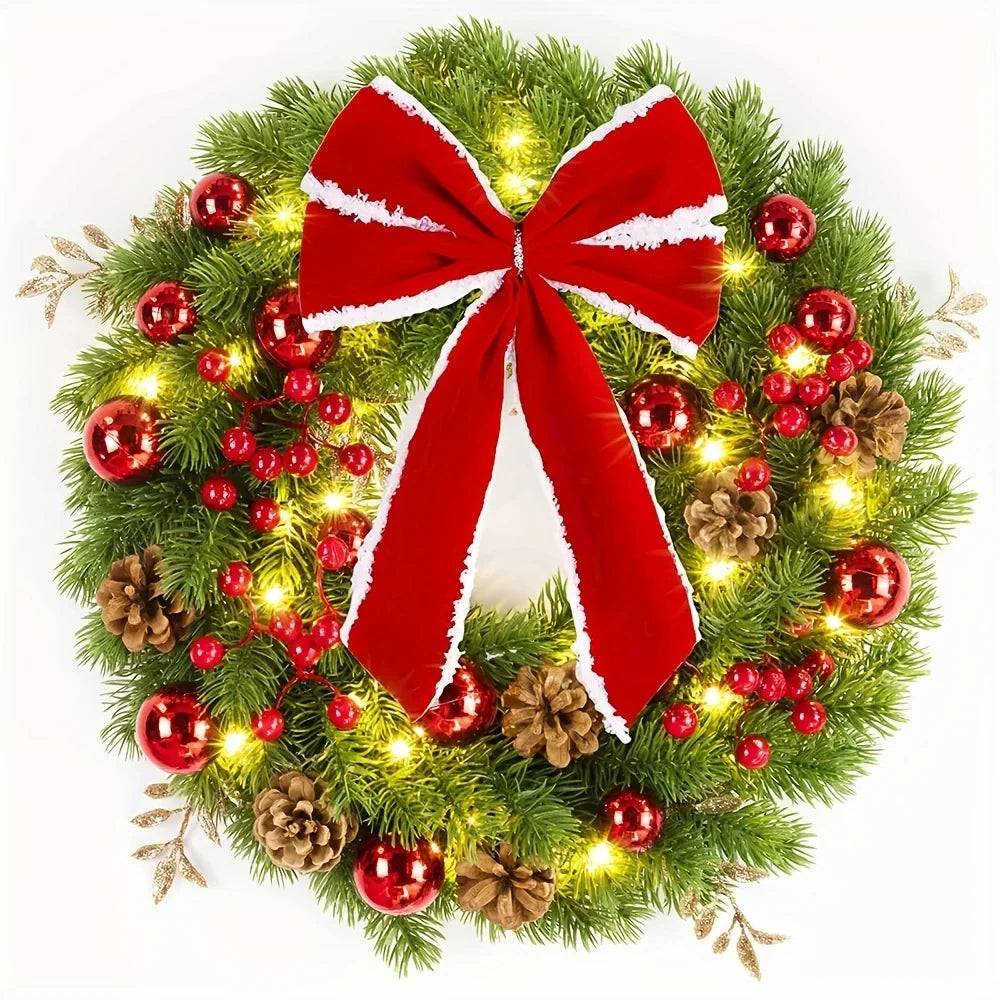 Christmas Wreath with Red Velvet Bow Artificial Pine Ornaments and Fairy Lights - Image 8