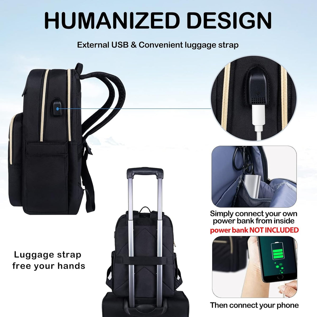Commuter Backpack with Padded Laptop Compartment USB Charging Port and Luggage Strap - Image 4