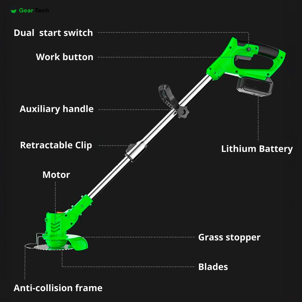 Cordless String Trimmer with Adjustable Head Wheels and Battery Powered Grass Cutting Kit - Image 11