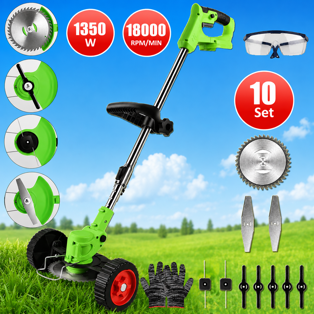 Cordless String Trimmer with Adjustable Head Wheels and Battery Powered Grass Cutting Kit - Image 13