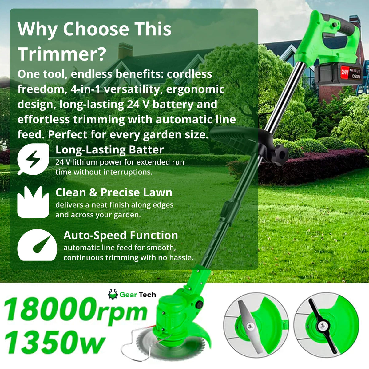 Cordless String Trimmer with Adjustable Head Wheels and Battery Powered Grass Cutting Kit - Image 3
