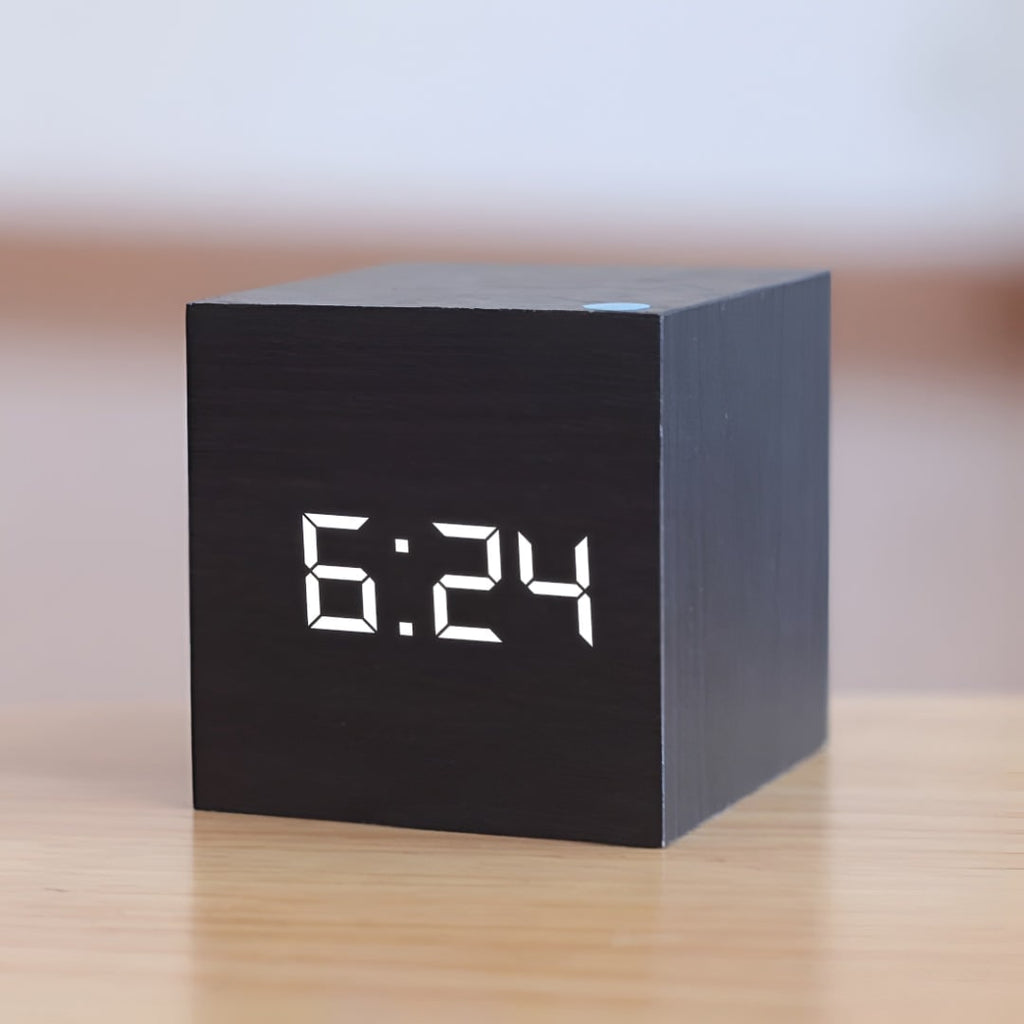 Digital Alarm Clock with LED Display and Temperature Wooden Cube Tabletop Design - Image 2