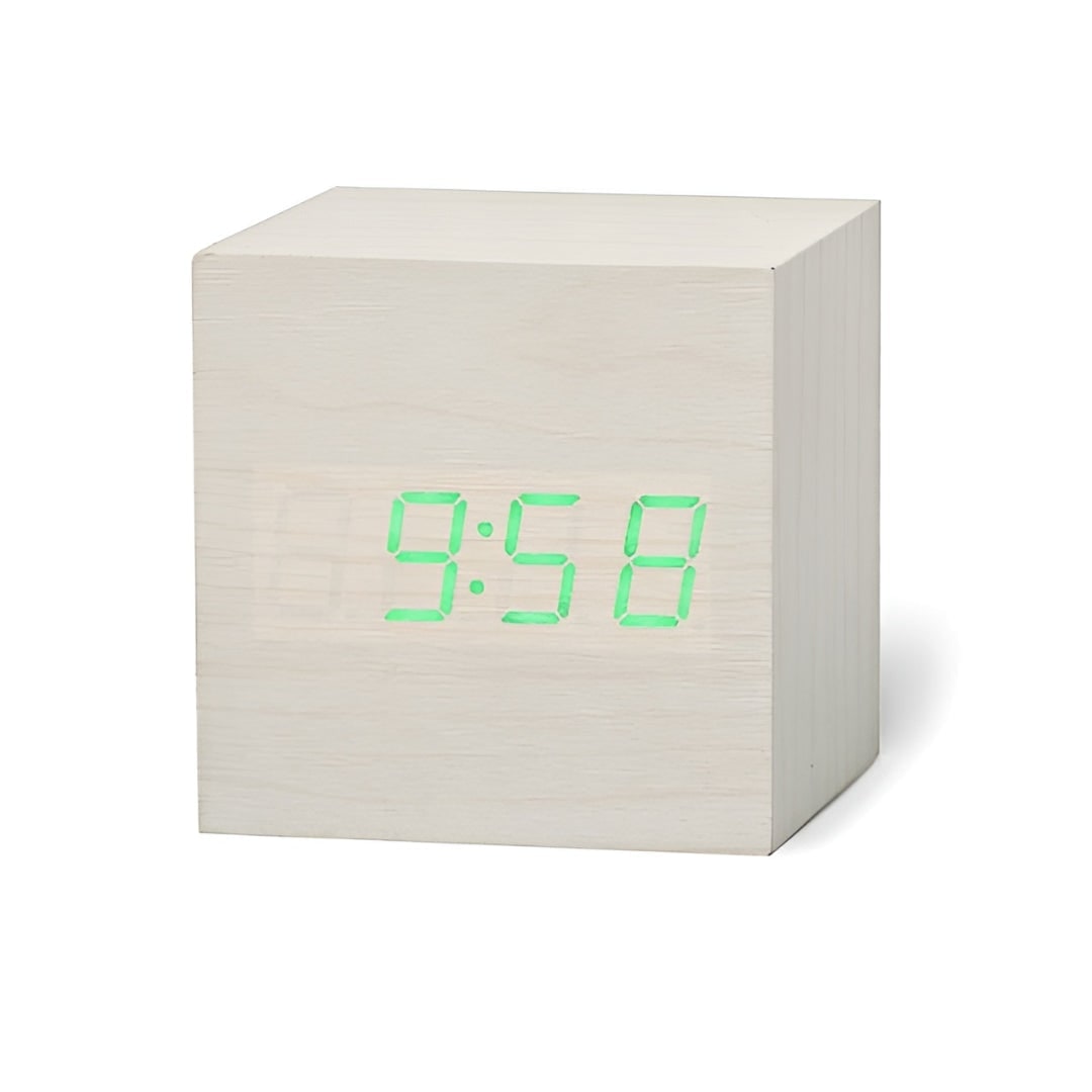 Digital Alarm Clock with LED Display and Temperature Wooden Cube Tabletop Design - Image 6