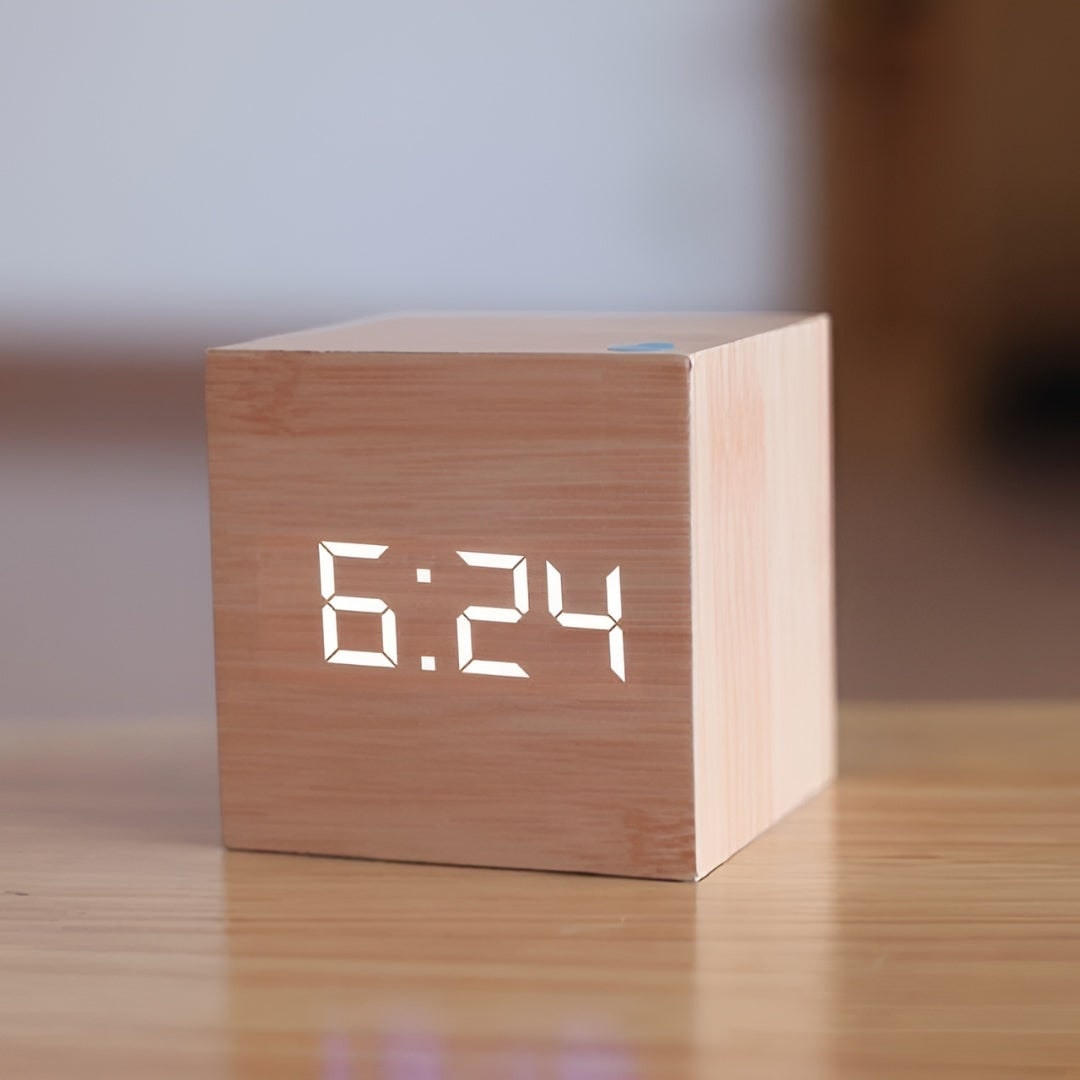 Digital Alarm Clock with LED Display and Temperature Wooden Cube Tabletop Design - Image 7