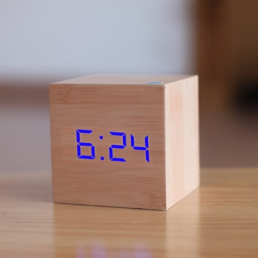 Digital Alarm Clock with LED Display and Temperature Wooden Cube Tabletop Design - Image 9