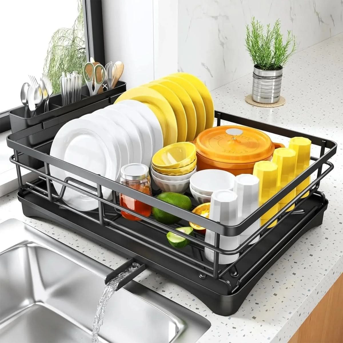 Expandable Dish Drying Rack with Integrated Drip Tray and Over Sink Extension Legs - Image 1
