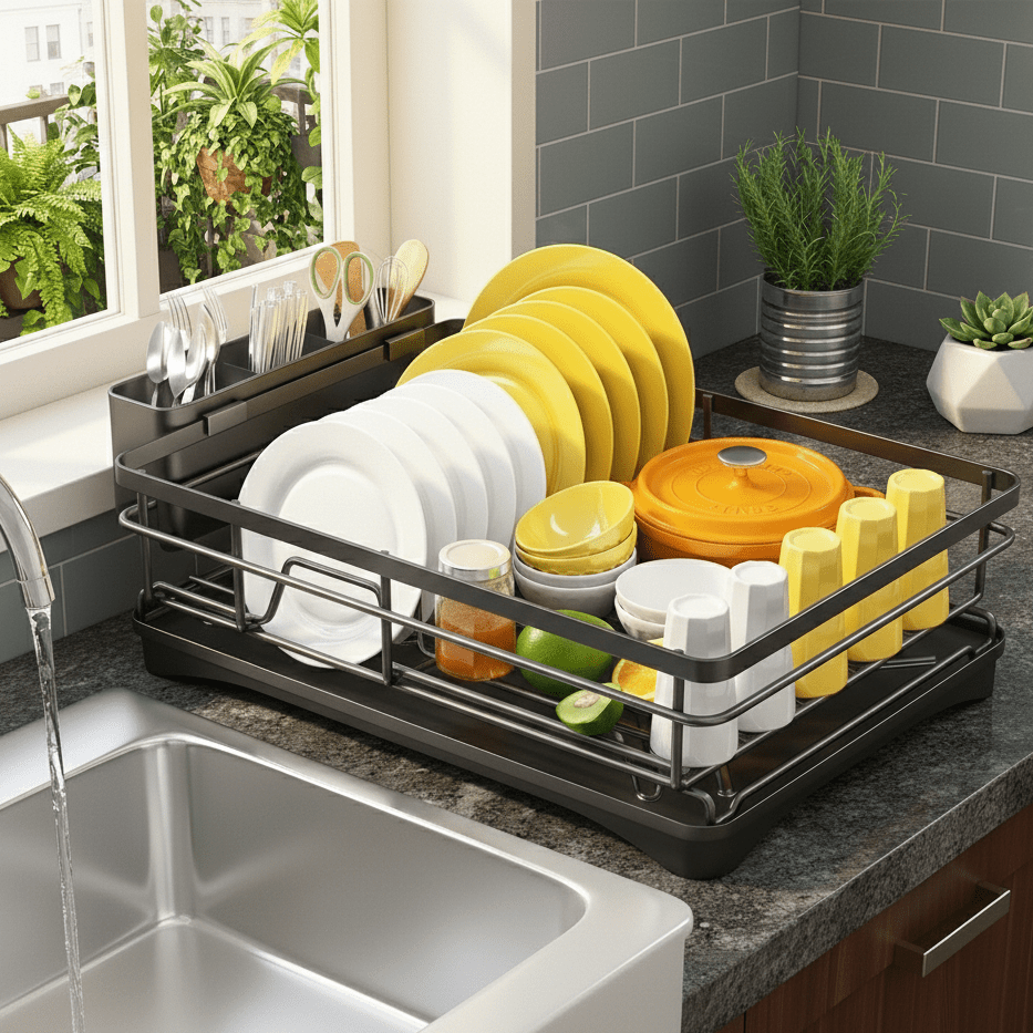 Expandable Dish Drying Rack with Integrated Drip Tray and Over Sink Extension Legs - Image 4