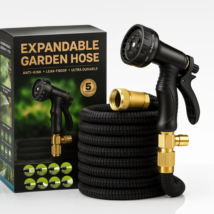Expandable Garden Hose with 8-Pattern Spray Nozzle Brass Fittings and Storage Hanger - Image 1