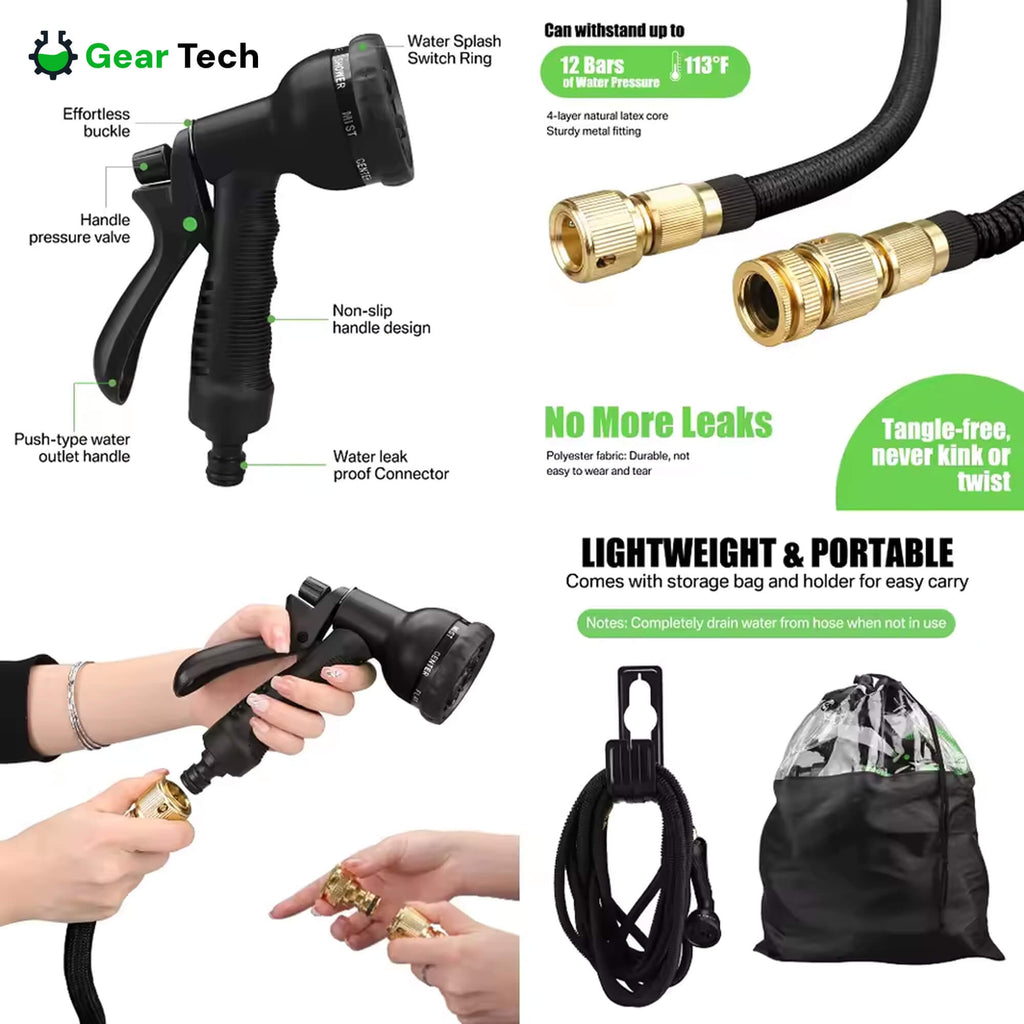 Expandable Garden Hose with 8-Pattern Spray Nozzle Brass Fittings and Storage Hanger - Image 3
