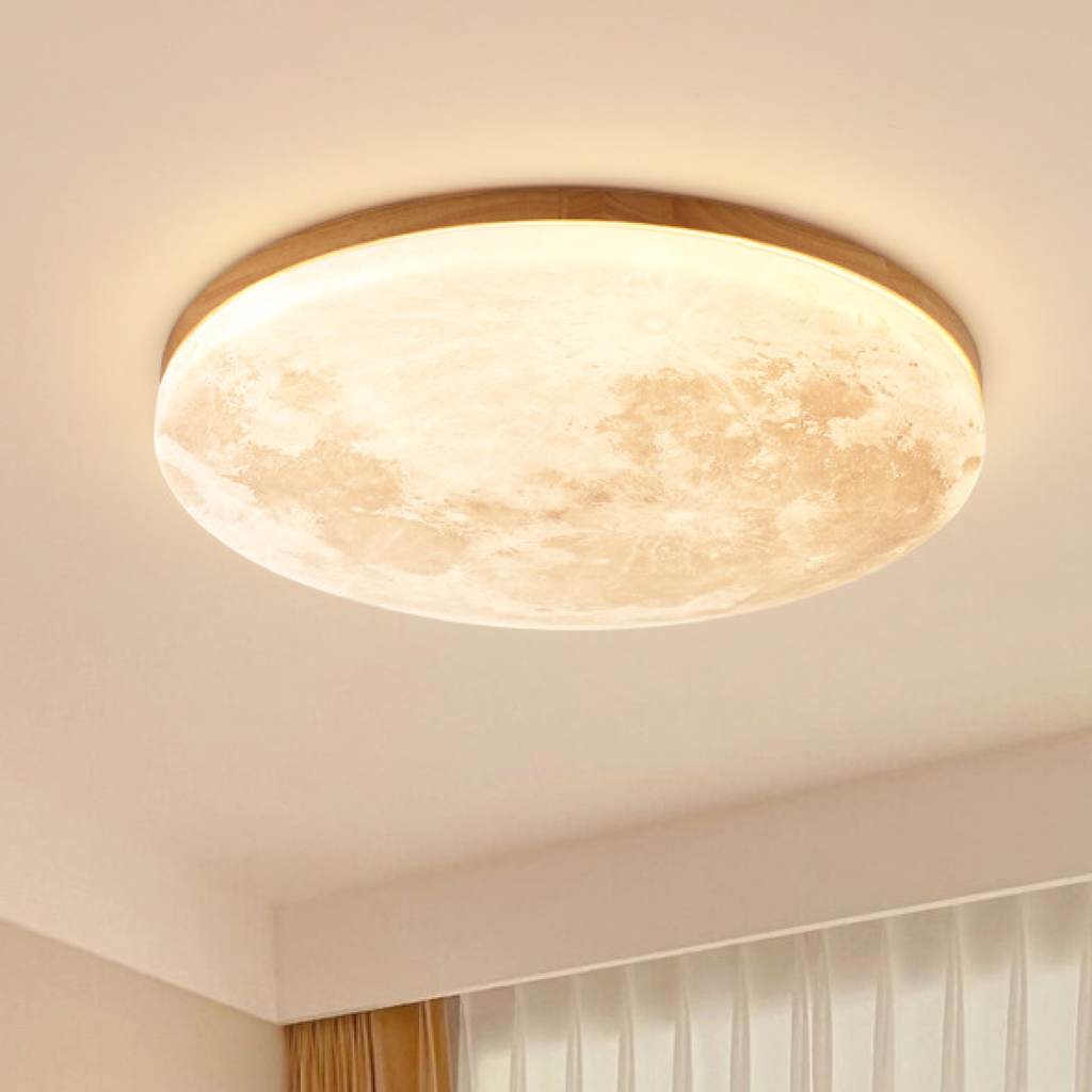 Flush Mount Ceiling Light with Moon Surface Texture and Round Wooden Frame - Image 1