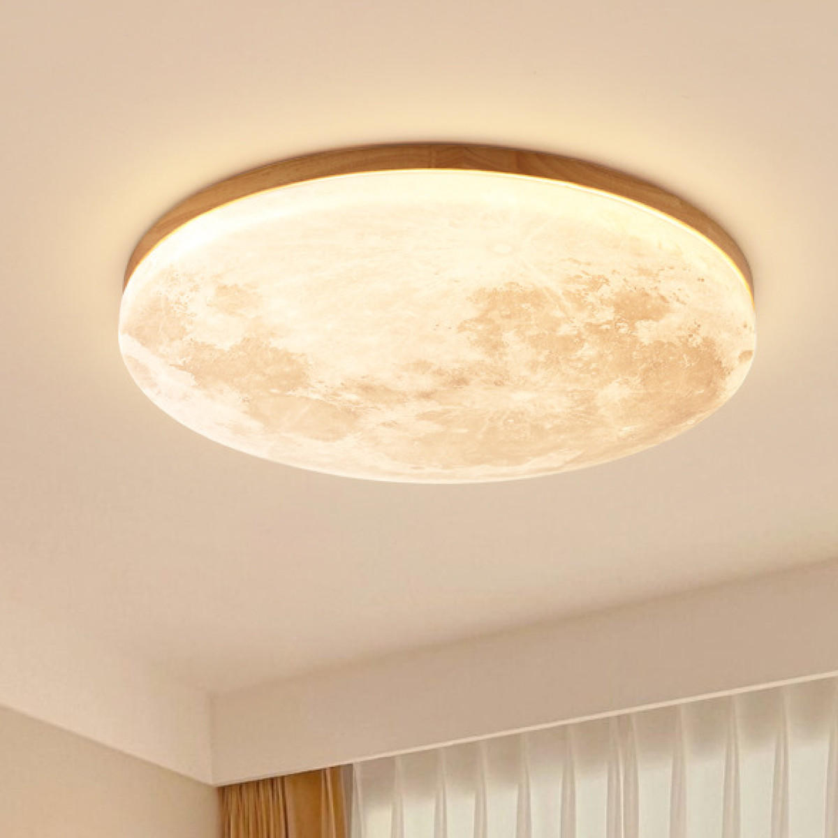 Flush Mount Ceiling Light with Moon Surface Texture and Round Wooden Frame - Image 1