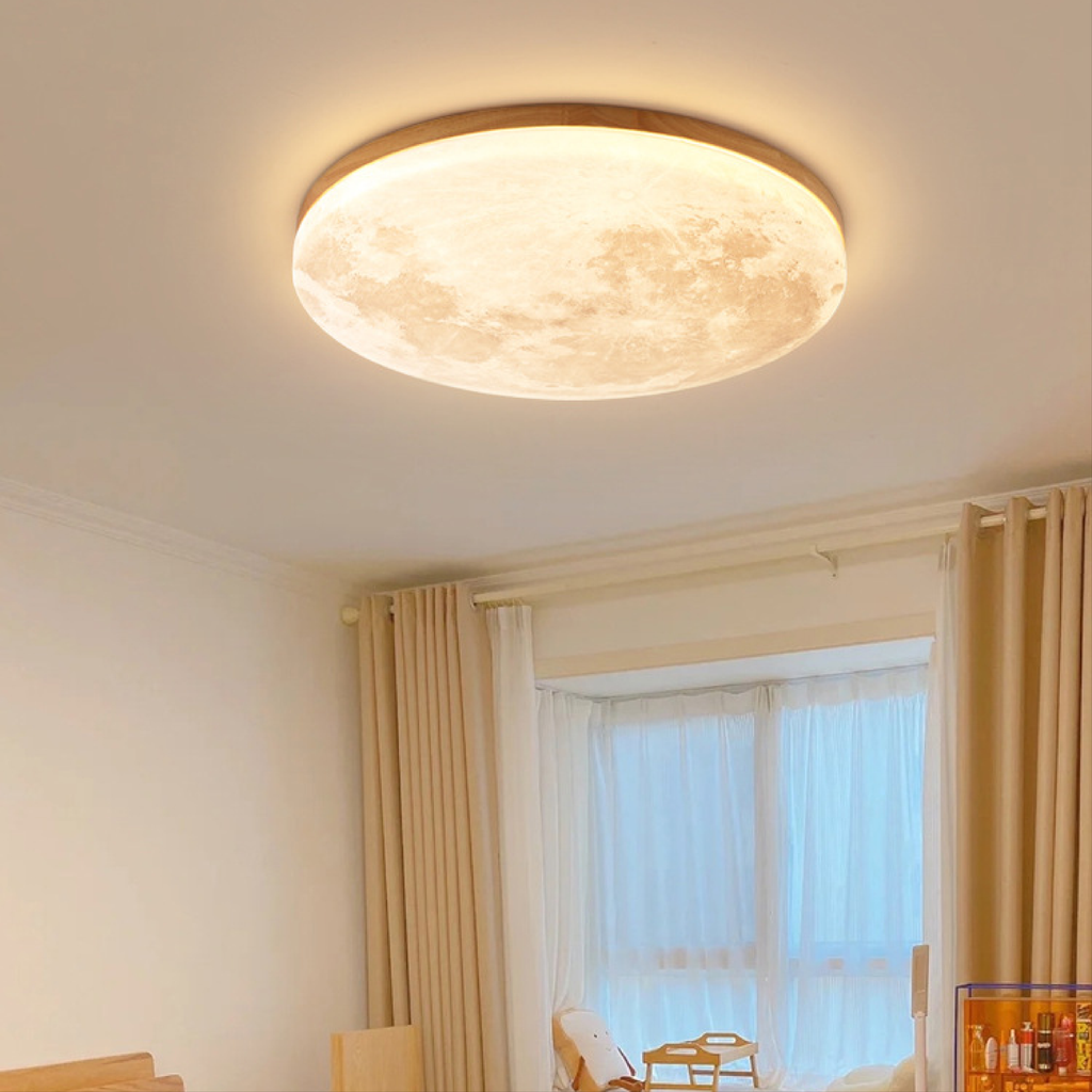 Flush Mount Ceiling Light with Moon Surface Texture and Round Wooden Frame - Image 2
