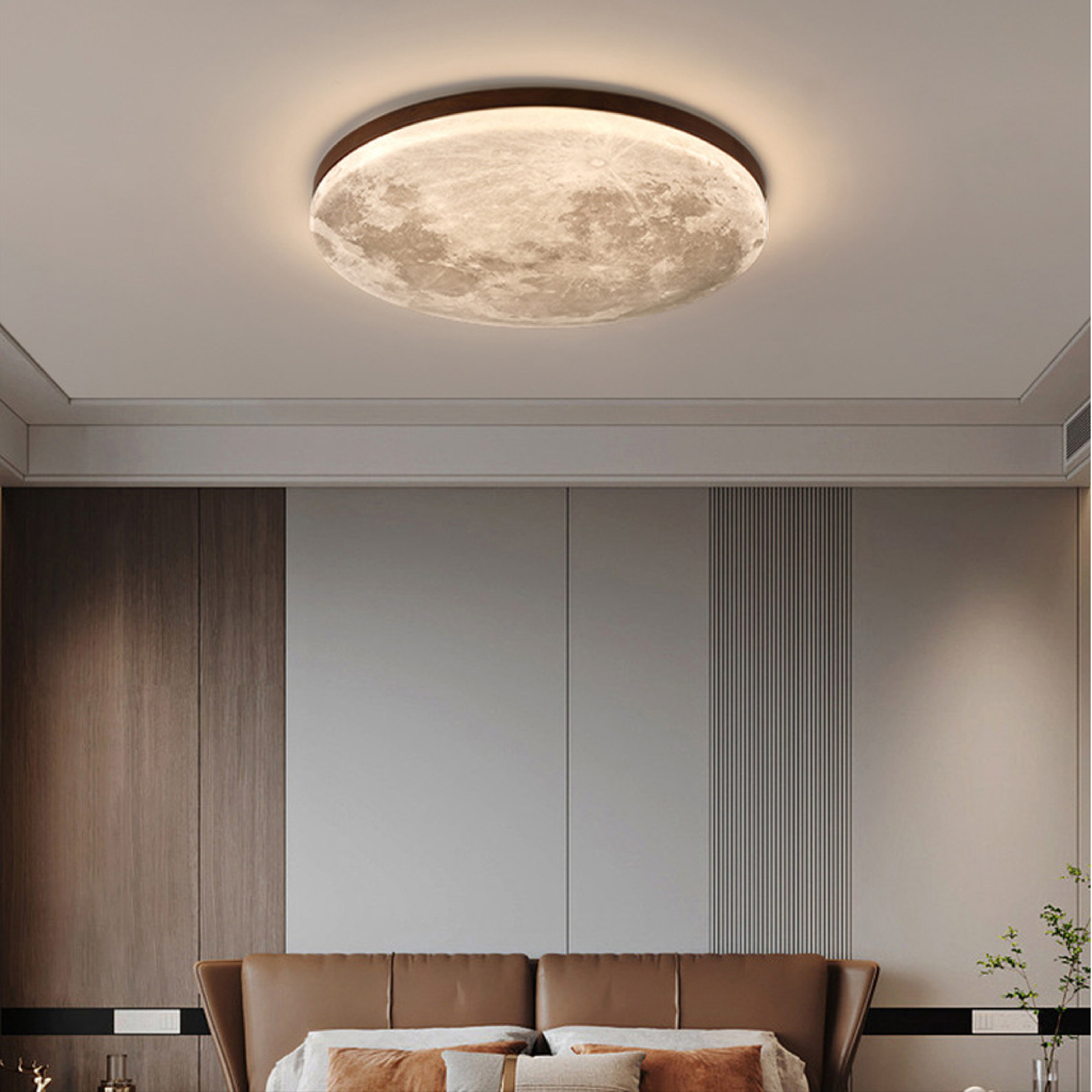 Flush Mount Ceiling Light with Moon Surface Texture and Round Wooden Frame - Image 3