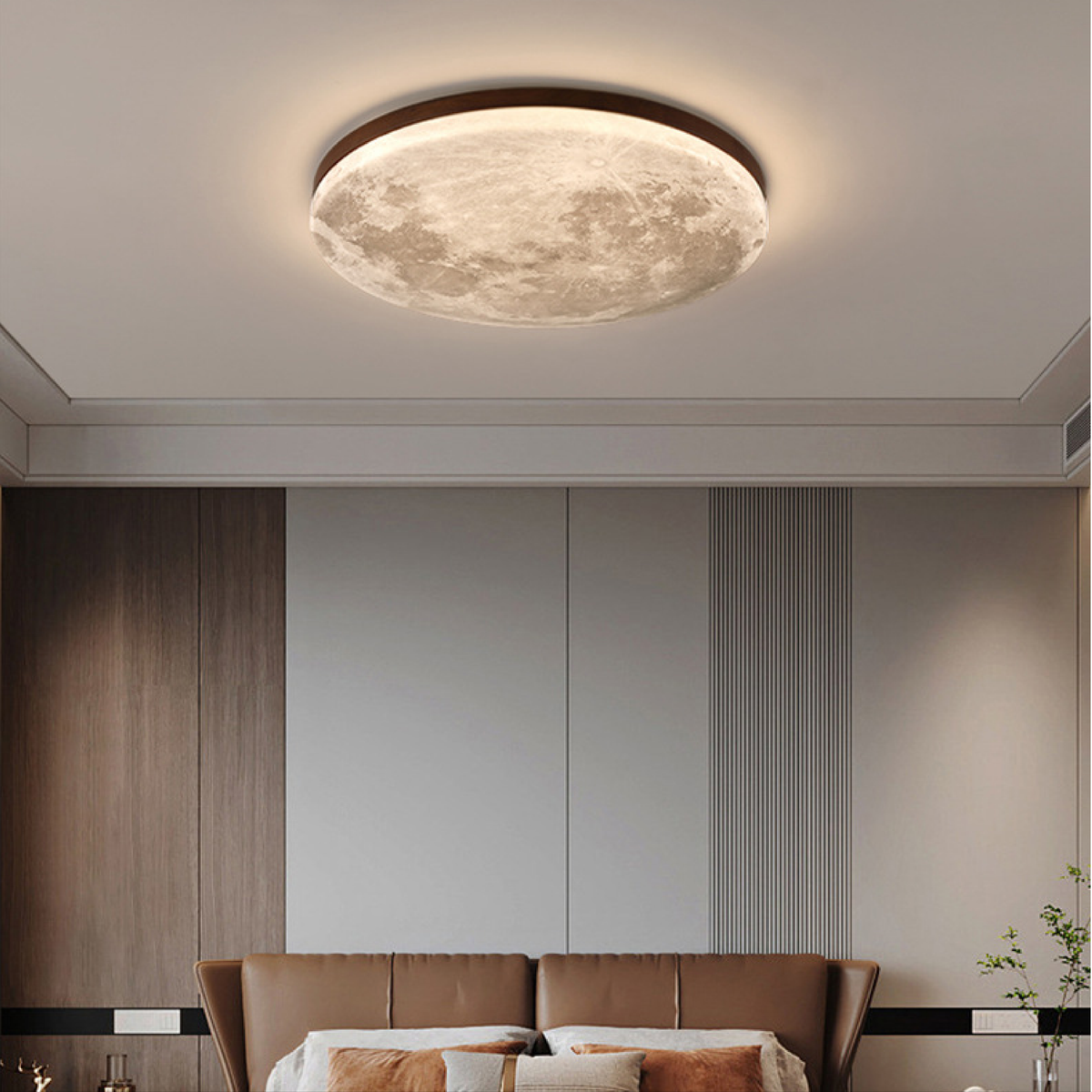 Flush Mount Ceiling Light with Moon Surface Texture and Round Wooden Frame - Image 3
