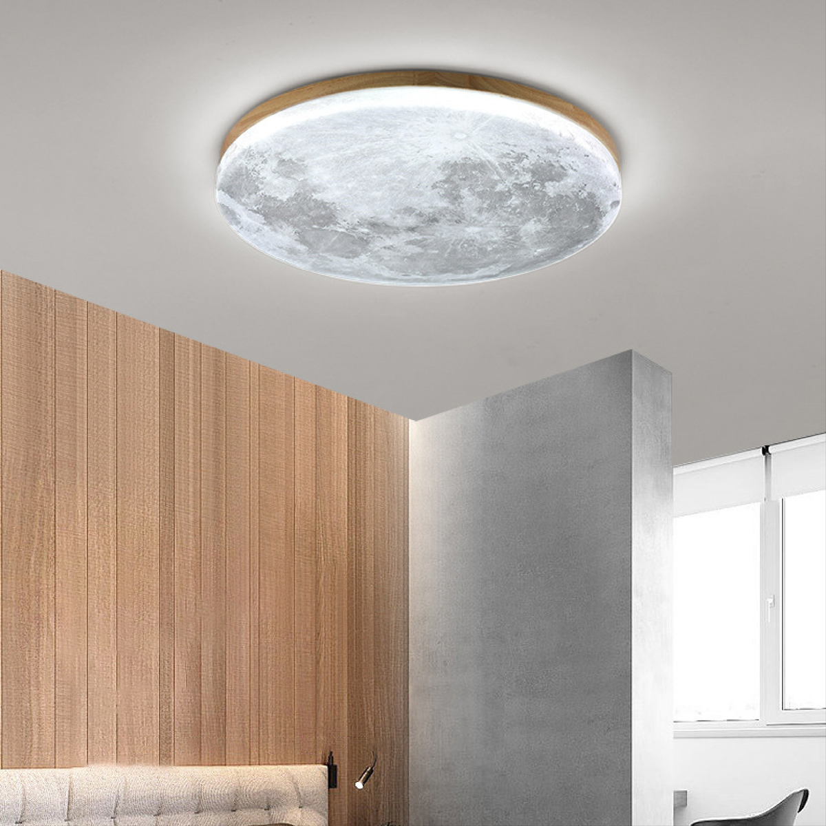 Flush Mount Ceiling Light with Moon Surface Texture and Round Wooden Frame - Image 4