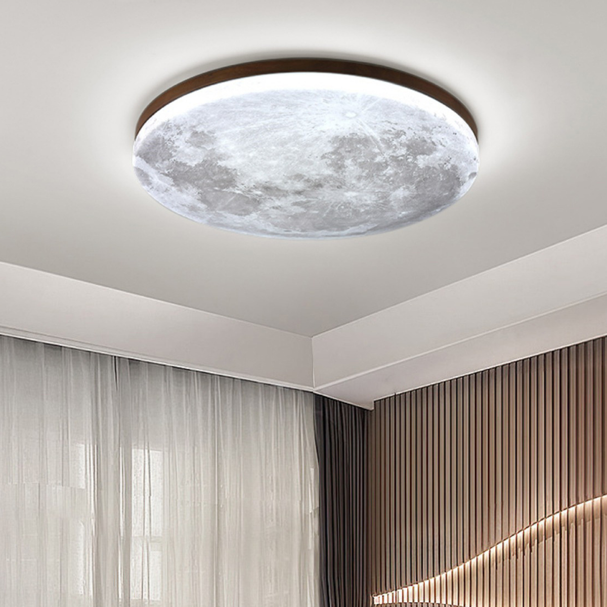 Flush Mount Ceiling Light with Moon Surface Texture and Round Wooden Frame - Image 5