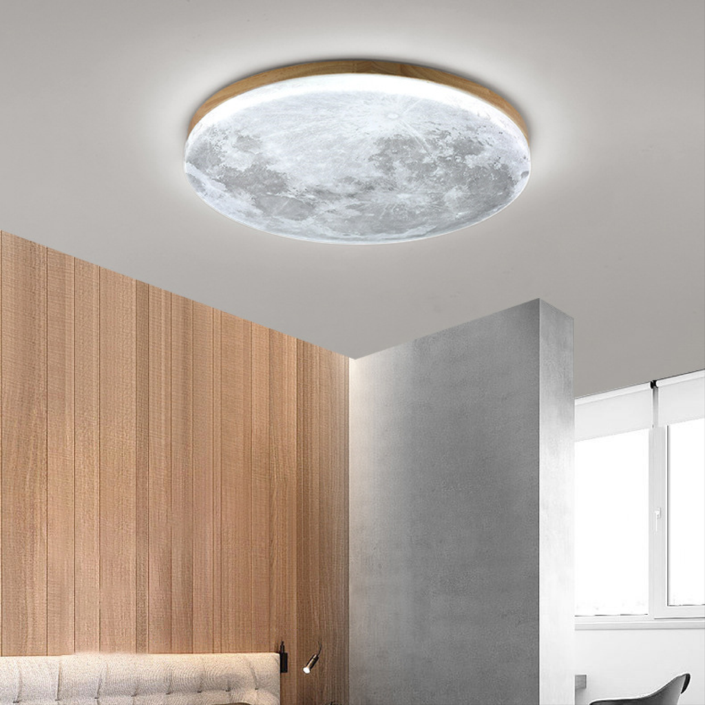 Flush Mount Ceiling Light with Moon Surface Texture and Wooden Frame - Image 4