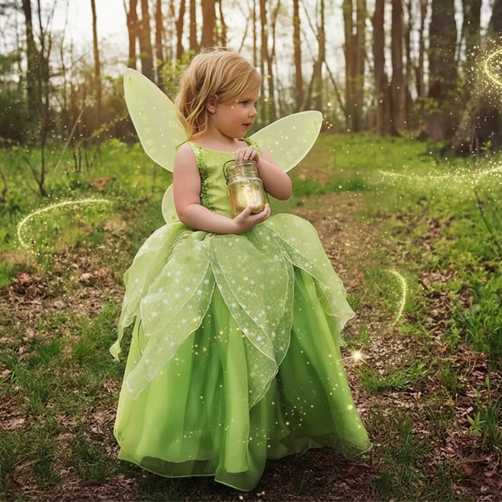 Girls' Fairy Costume with Wings Tiara Wand and Gloves for Dress-Up - Image 2