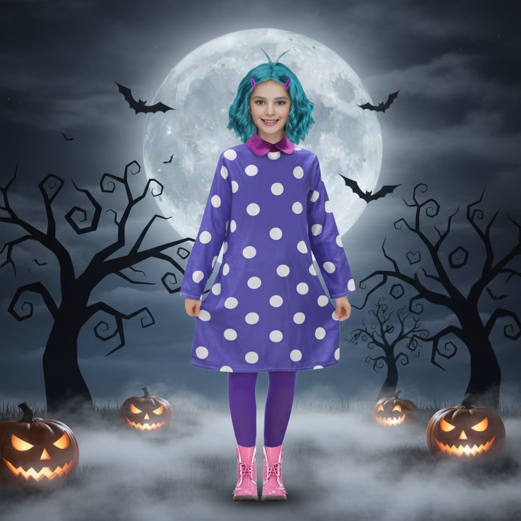 Girls' Halloween Character Costume Dress with Teal and Purple Tights Easy Dress-Up Set - Image 1