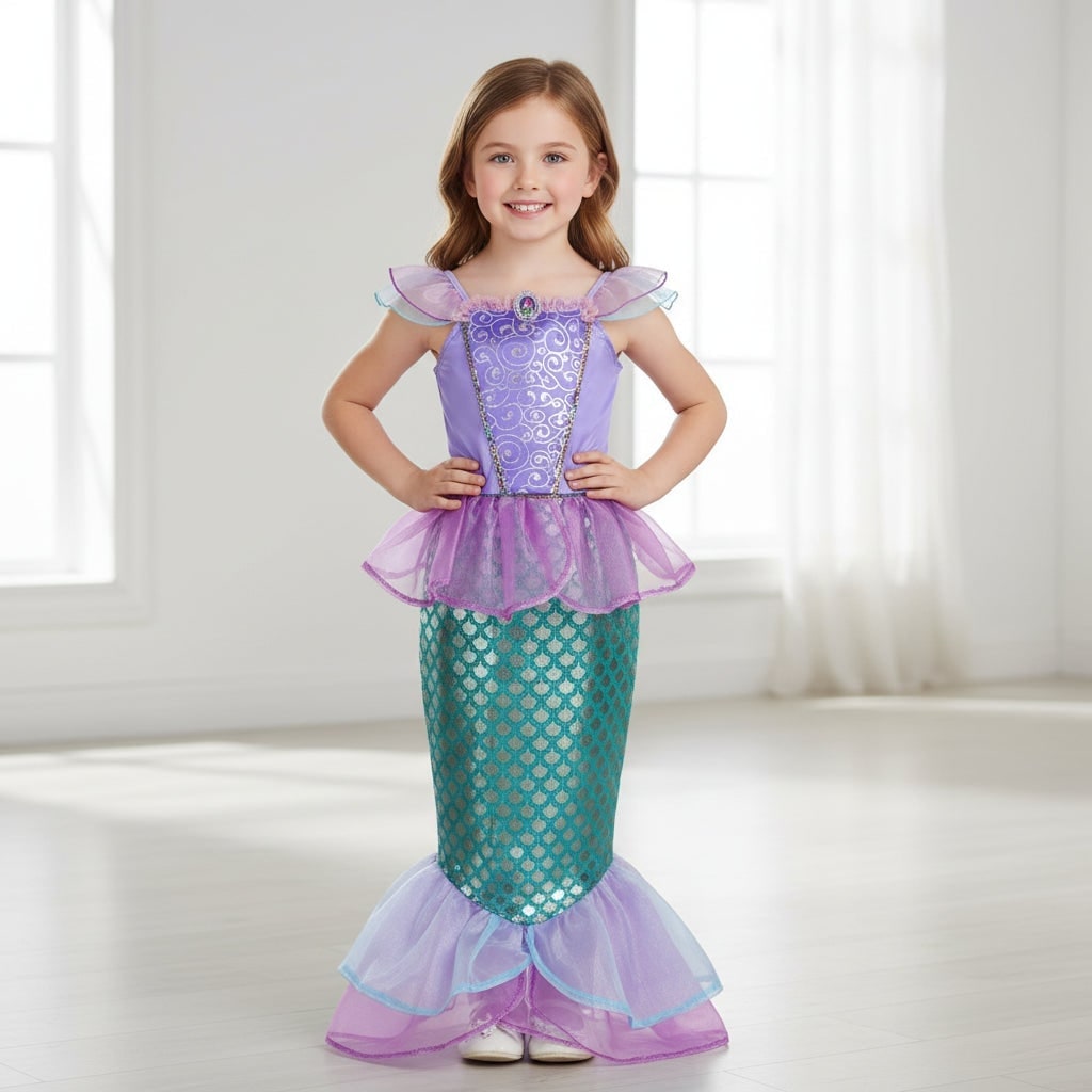 Girls' Halloween Mermaid Costume for Dress-Up with Sequin Details Headband Wand Purse and Jewelry - Image 1