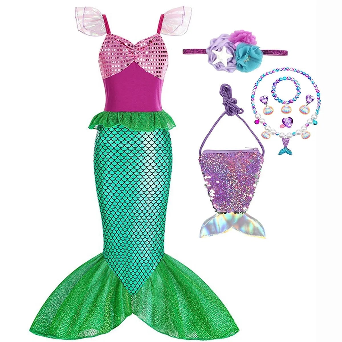 Girls' Halloween Mermaid Costume for Dress-Up with Sequin Details Headband Wand Purse and Jewelry - Image 12