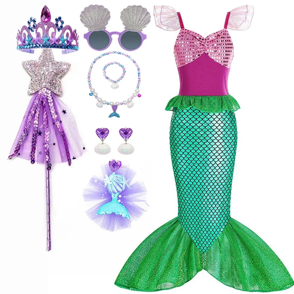 Girls' Halloween Mermaid Costume for Dress-Up with Sequin Details Headband Wand Purse and Jewelry - Image 15