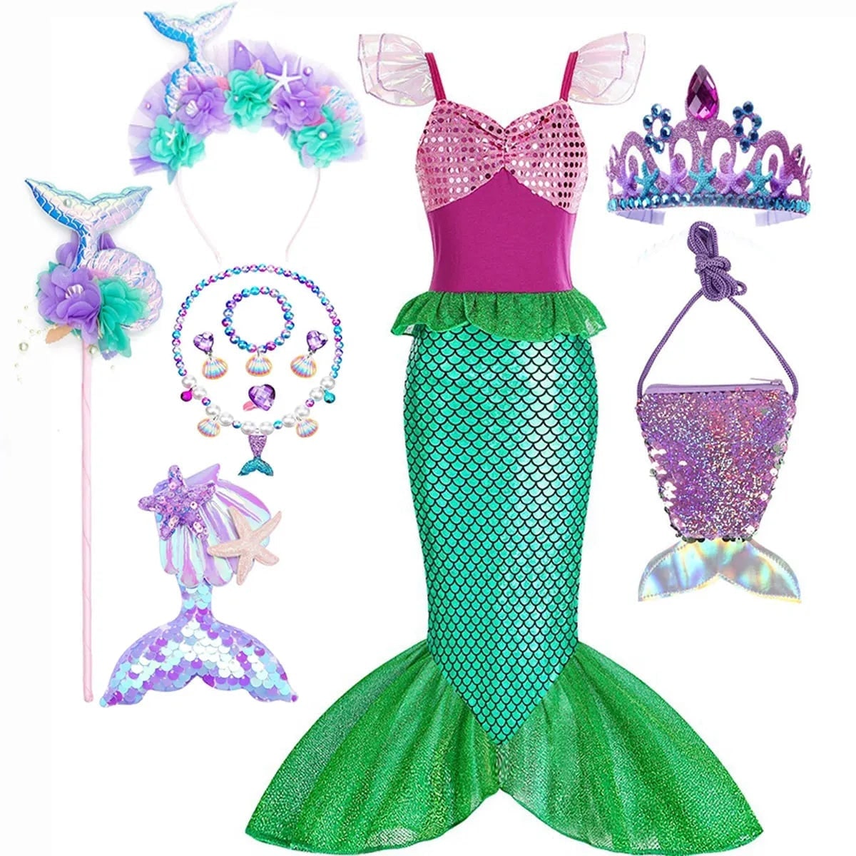 Girls' Halloween Mermaid Costume for Dress-Up with Sequin Details Headband Wand Purse and Jewelry - Image 16