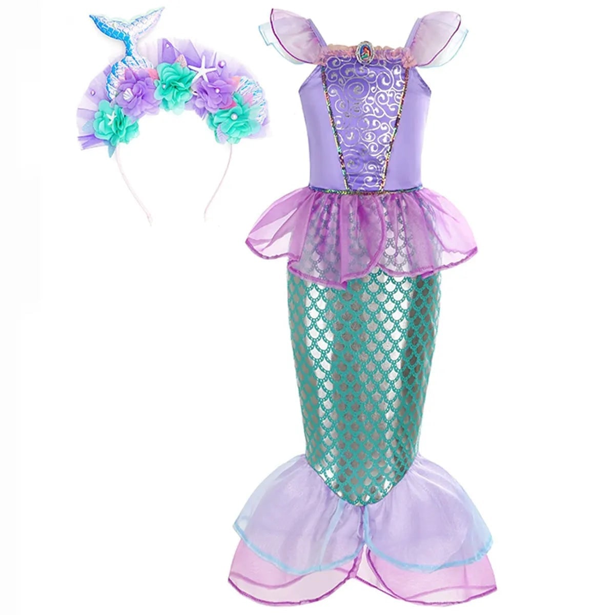 Girls' Halloween Mermaid Costume for Dress-Up with Sequin Details Headband Wand Purse and Jewelry - Image 2