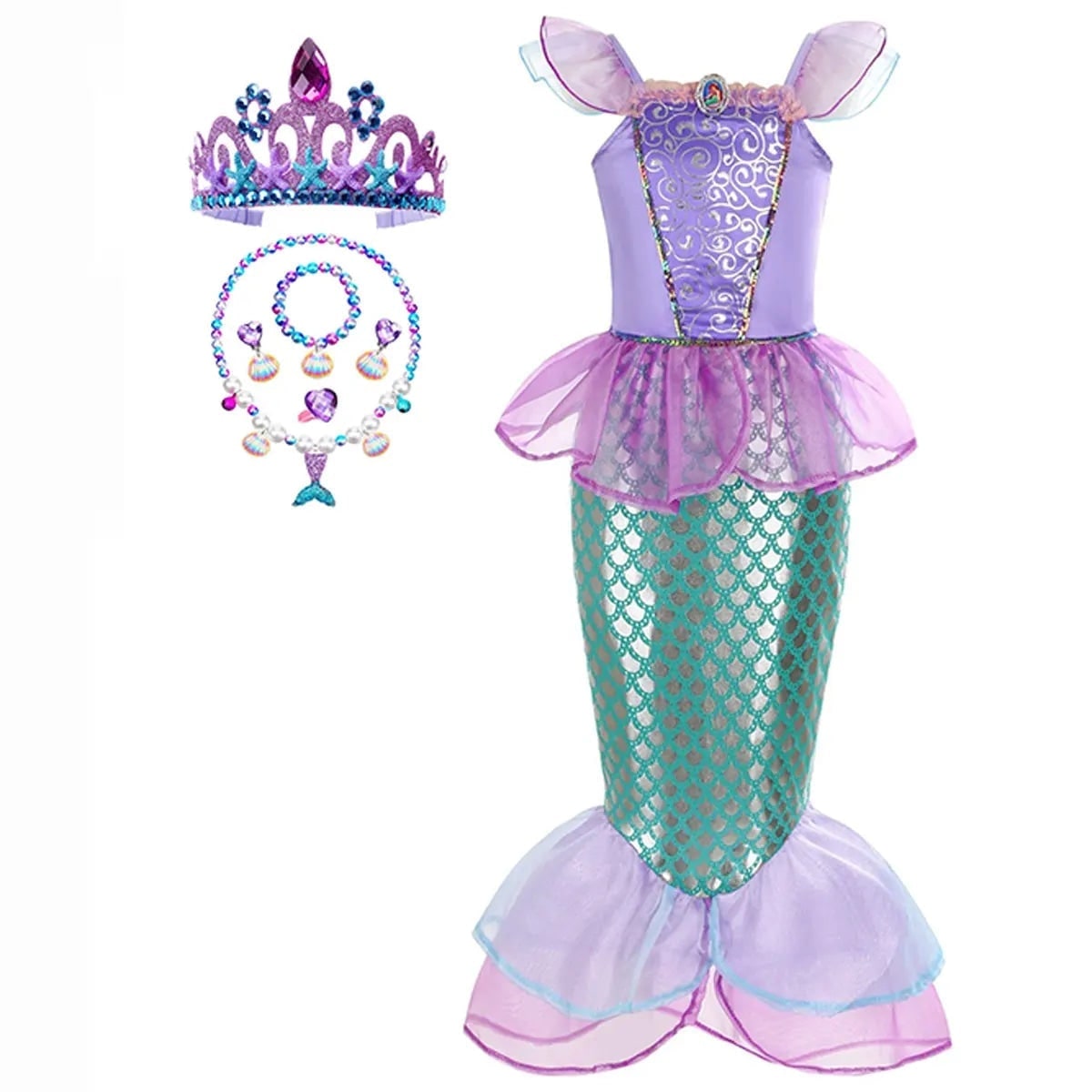 Girls' Halloween Mermaid Costume for Dress-Up with Sequin Details Headband Wand Purse and Jewelry - Image 3
