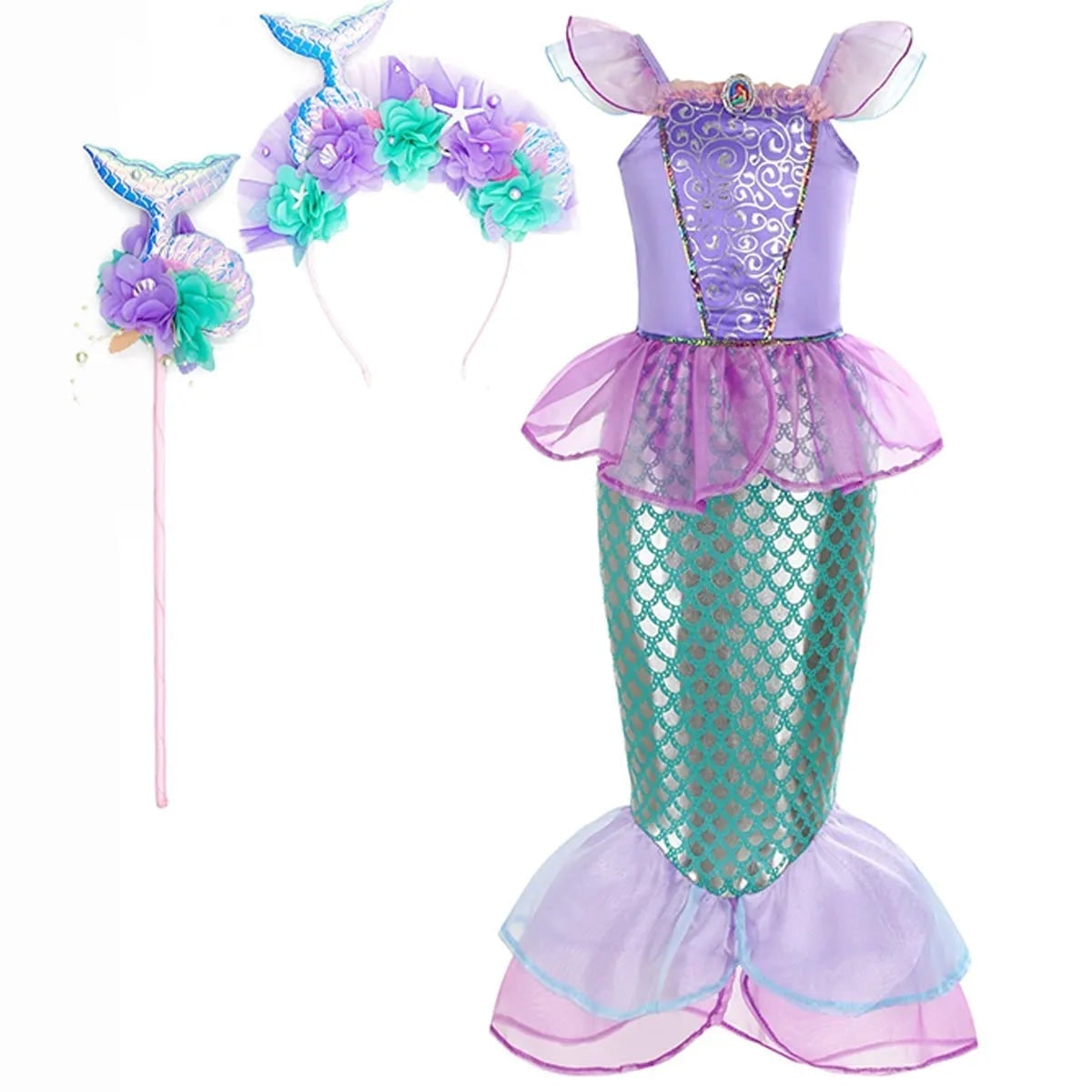 Girls' Halloween Mermaid Costume for Dress-Up with Sequin Details Headband Wand Purse and Jewelry - Image 4