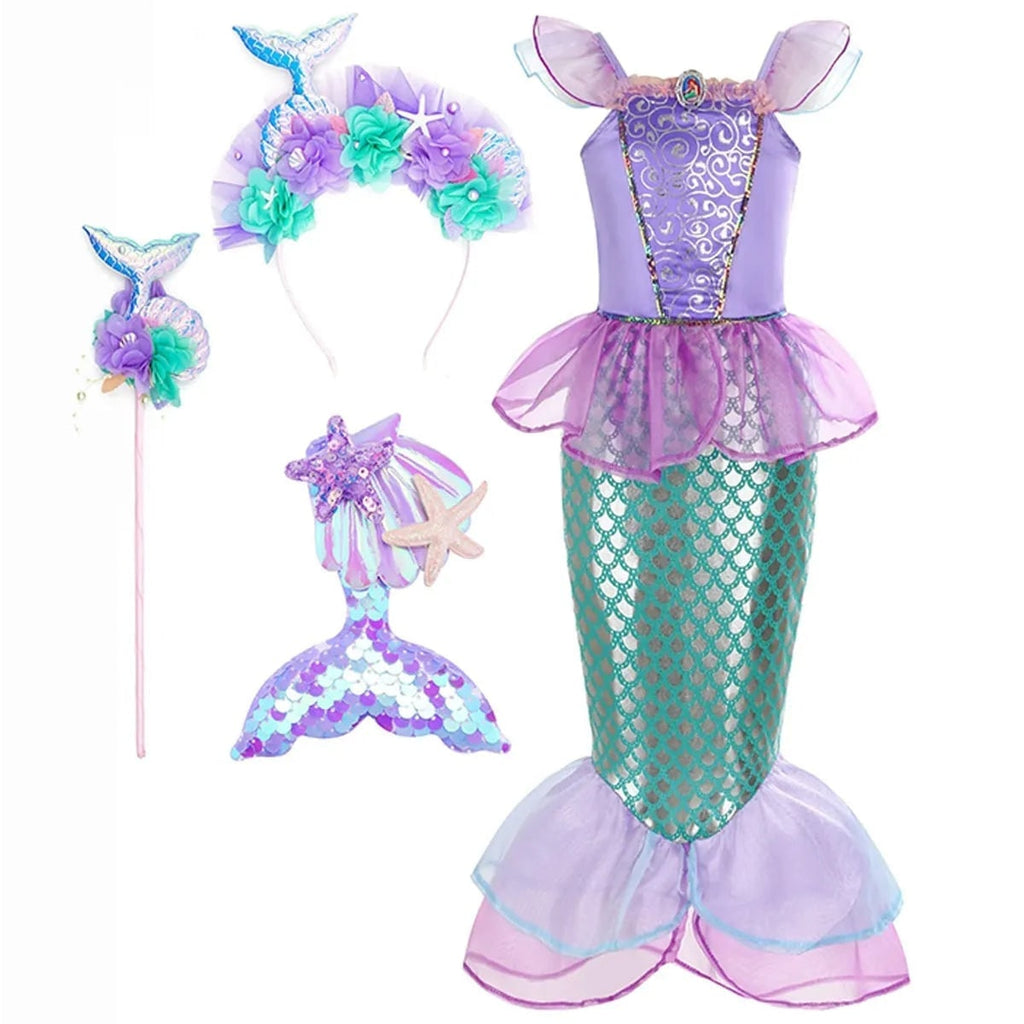 Girls' Halloween Mermaid Costume for Dress-Up with Sequin Details Headband Wand Purse and Jewelry - Image 5