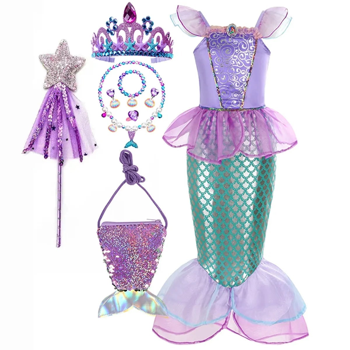 Girls' Halloween Mermaid Costume for Dress-Up with Sequin Details Headband Wand Purse and Jewelry - Image 6