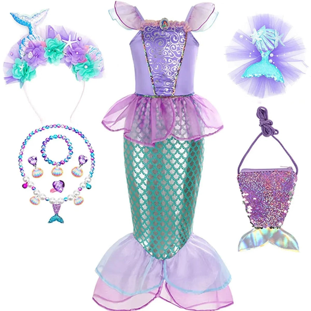 Girls' Halloween Mermaid Costume for Dress-Up with Sequin Details Headband Wand Purse and Jewelry - Image 7