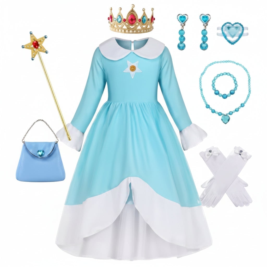 Girls' Halloween Princess Costume and Up Accessories Set with Crown Wand Gloves and Wig - Image 3