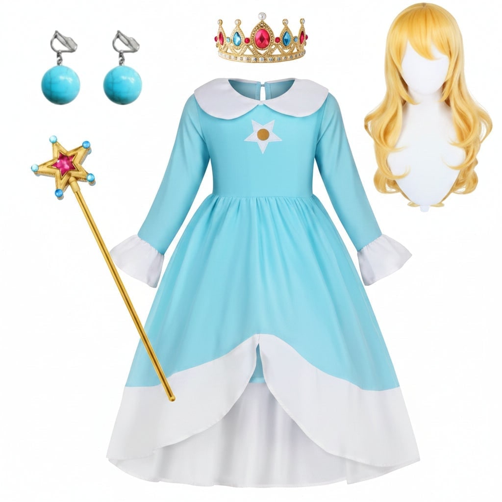 Girls' Halloween Princess Costume and Up Accessories Set with Crown Wand Gloves and Wig - Image 4