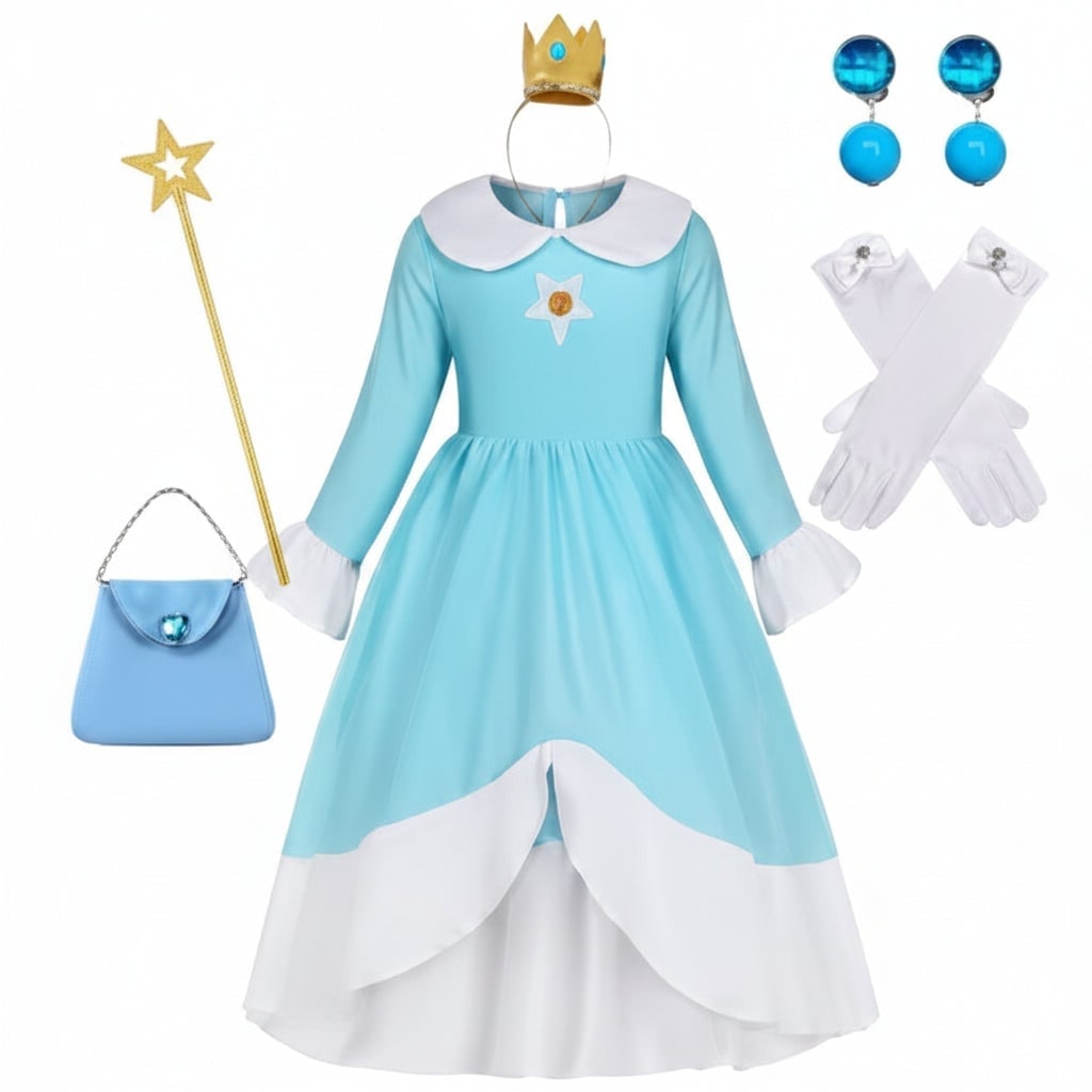 Girls' Halloween Princess Costume and Up Accessories Set with Crown Wand Gloves and Wig - Image 5