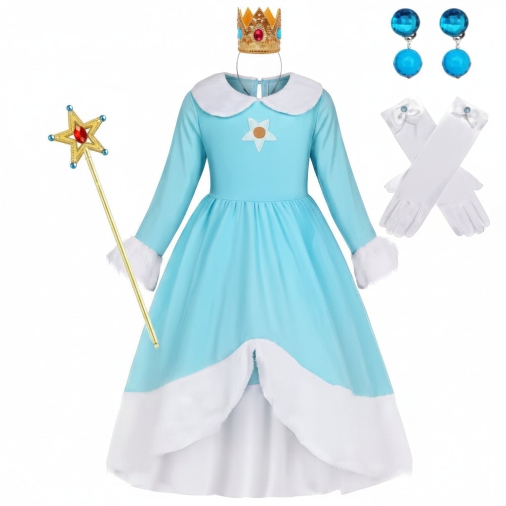 Girls' Halloween Princess Costume and Up Accessories Set with Crown Wand Gloves and Wig - Image 6