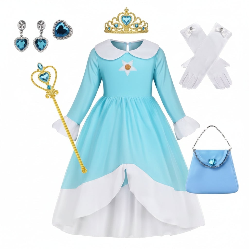 Girls' Halloween Princess Costume and Up Accessories Set with Crown Wand Gloves and Wig - Image 7