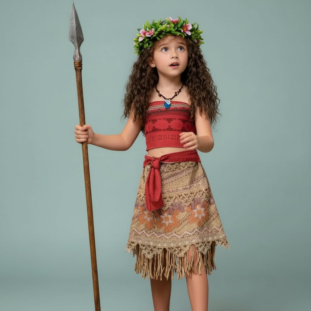 Girls' Halloween Princess Costume Two-Piece Set with Wig Flower Crown Fringe Skirt - Image 2