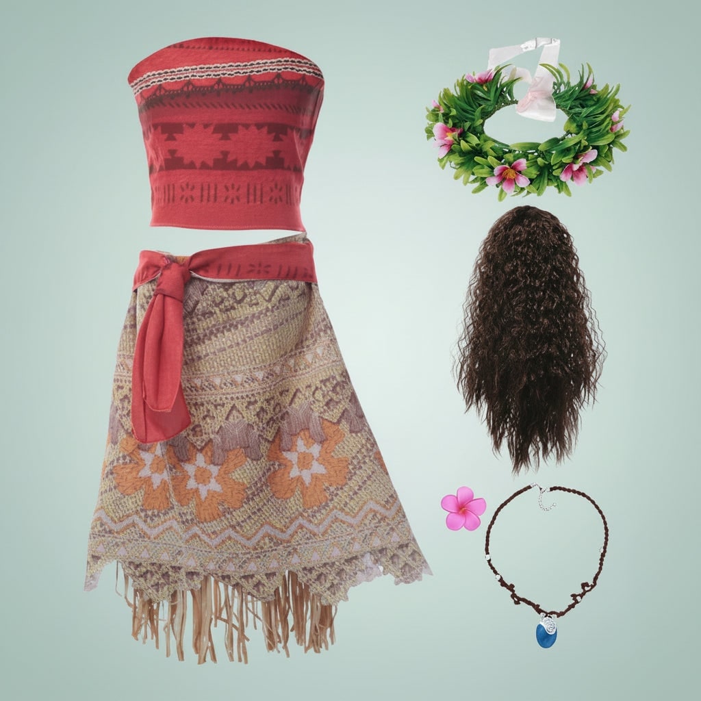 Girls' Halloween Princess Costume Two-Piece Set with Wig Flower Crown Fringe Skirt - Image 5