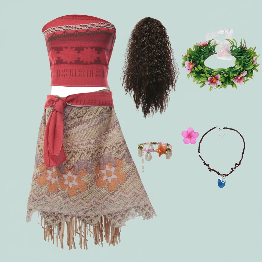 Girls' Halloween Princess Costume Two-Piece Set with Wig Flower Crown Fringe Skirt - Image 7
