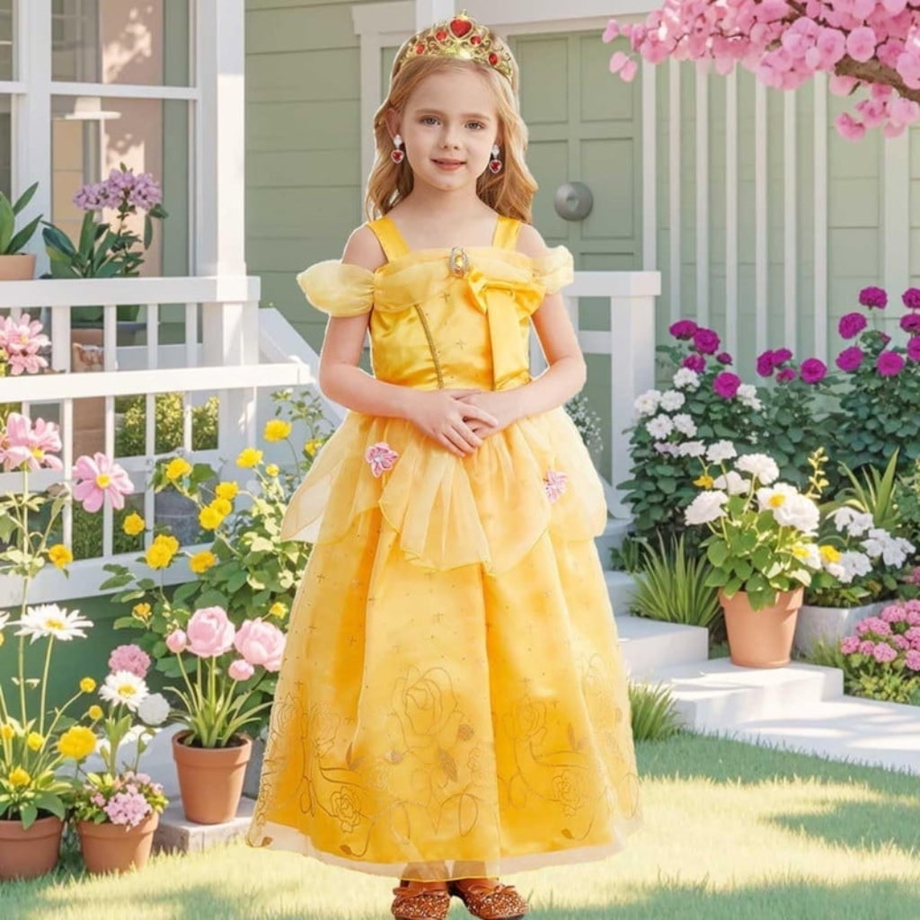 Girls' Halloween Princess Costume with Accessories Set Dress Up Games Yellow Gown - Image 1