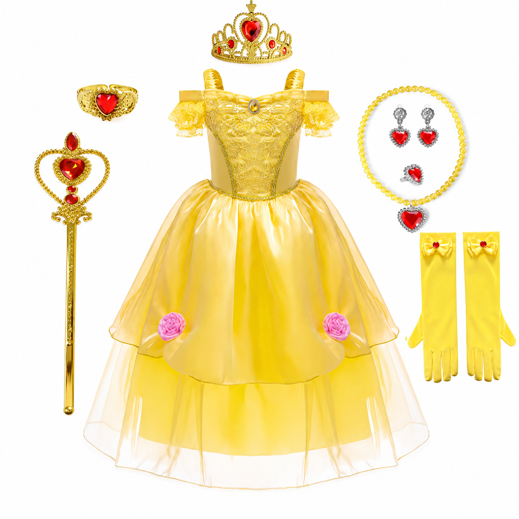 Girls' Halloween Princess Costume with Accessories Set Dress Up Games Yellow Gown - Image 10