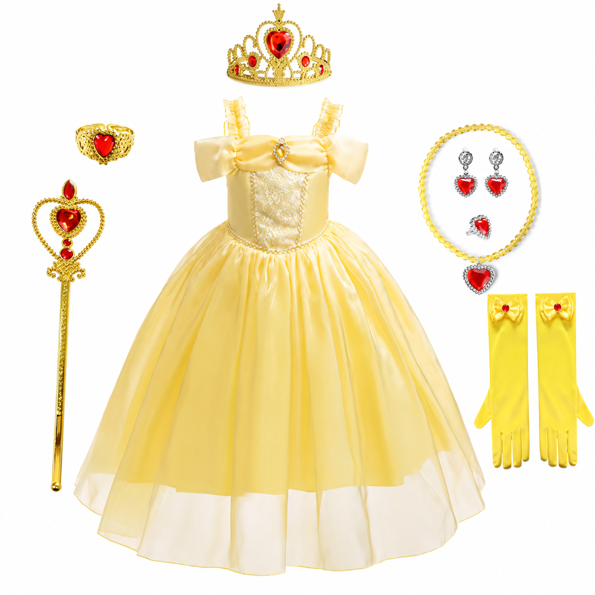 Girls' Halloween Princess Costume with Accessories Set Dress Up Games Yellow Gown - Image 11