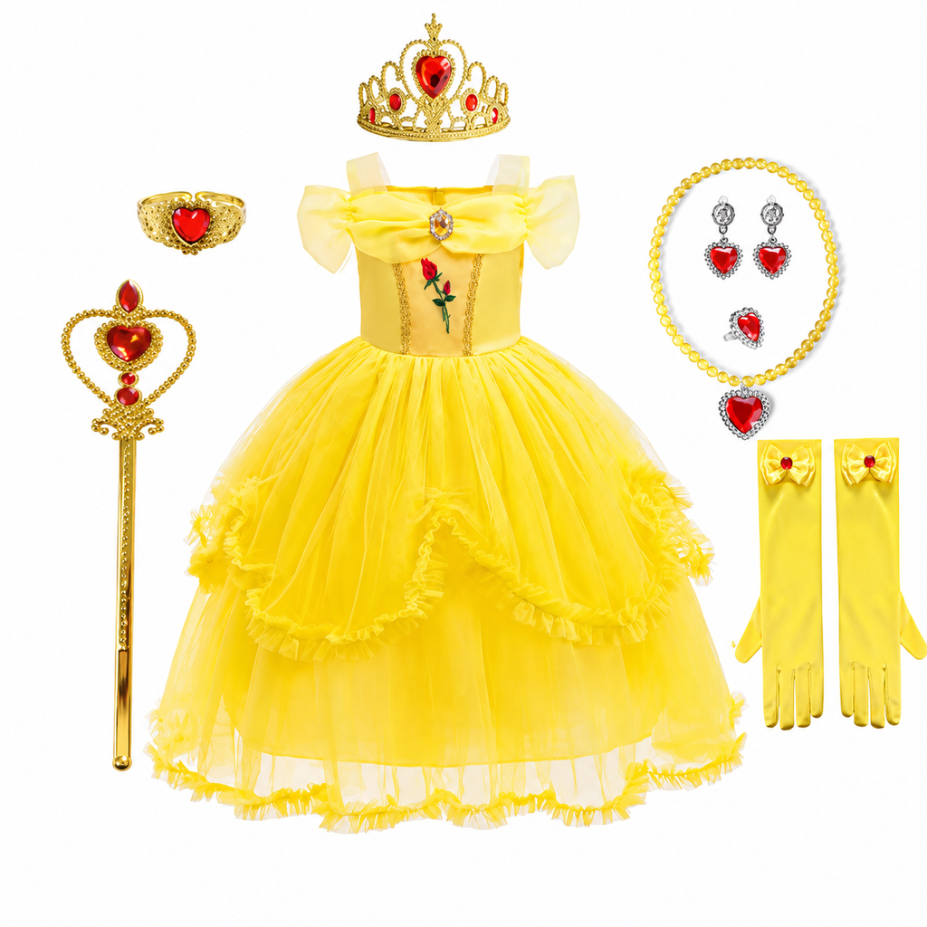 Girls' Halloween Princess Costume with Accessories Set Dress Up Games Yellow Gown - Image 12