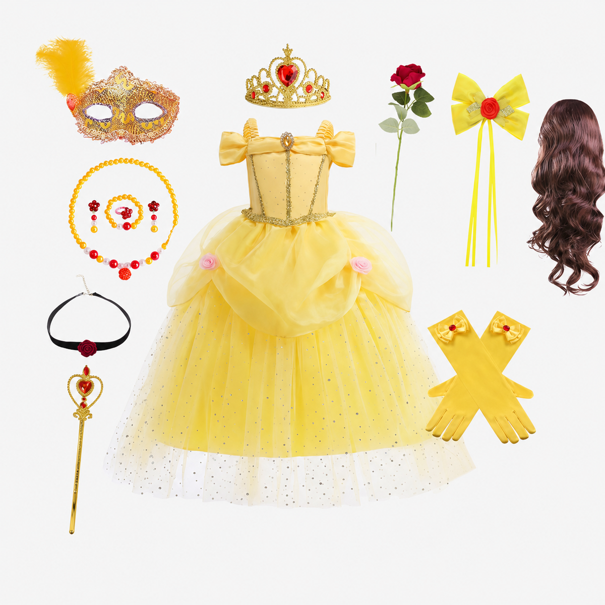 Girls' Halloween Princess Costume with Accessories Set Dress Up Games Yellow Gown - Image 13