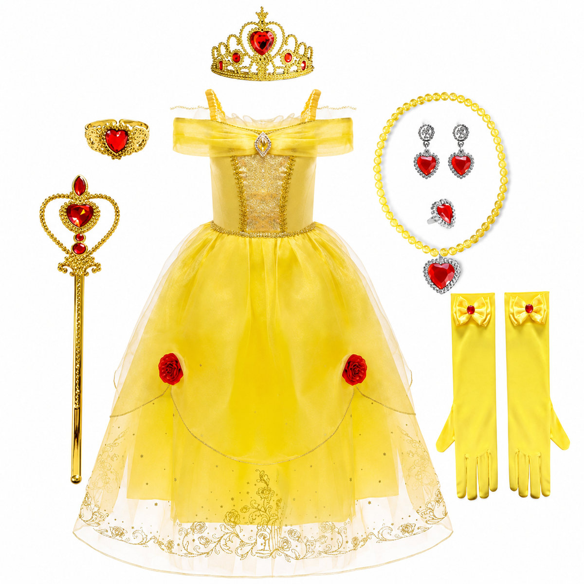 Girls' Halloween Princess Costume with Accessories Set Dress Up Games Yellow Gown - Image 14