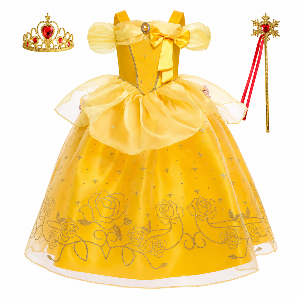 Girls' Halloween Princess Costume with Accessories Set Dress Up Games Yellow Gown - Image 15